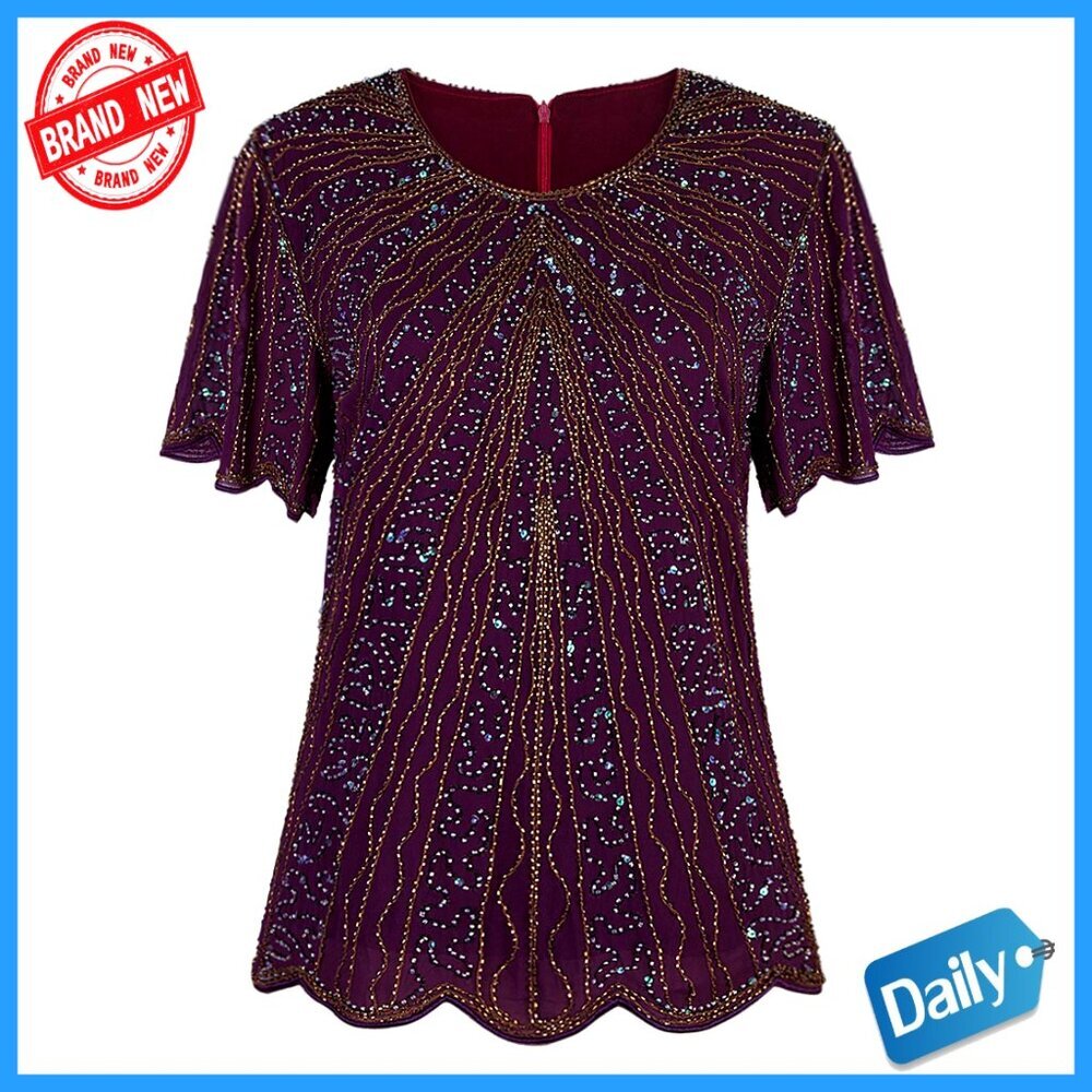 Vintage Beaded Evening Top Sequin Embellished Blouse Scalloped Hem Art Deco